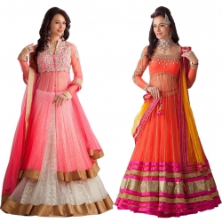 Clickedia Womens Net & Brasso Combo Set of 2 Embroidered Lehenga Suit
