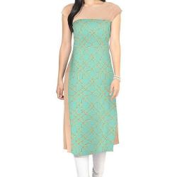 ZIYAA Green Color Half Sleeve AndBoat Neck Faux Crepe Kurti