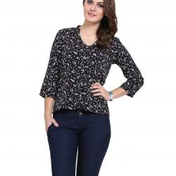 V neck style shirt with 3/4th sleeve, blend with glittering buttons with the soft touch of the fabric gives a cool experience-Black