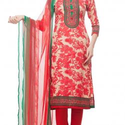 DivyaEmporio Womens Faux Cotton Red and Beige Dress Material