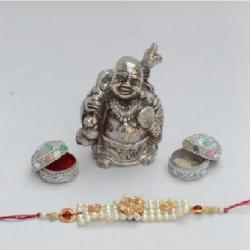 eCraftIndia with Metal Laughing Buddha & Roli-Tikka For Your Beloved Brother Design Thread Rakhi