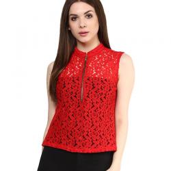 Mayra Red Net Regular Tops