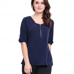 Boat Neck Navy Blue Frtont Zipper Women Top