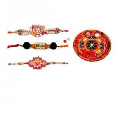 Indigo Creatives Minakari Rakhi Thali Micky, Single Diamond, Ganesh Steel Pooja & Thali Set