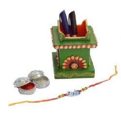 ECraftIndia Rakhi With Papier-Mache Pen Stand & Roli-Tikka For Your Beloved Brother Design Thread Rakhi