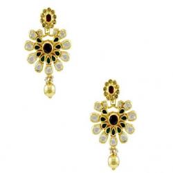 Orniza Kundan Earrings In Red & Green Color With Golden Polish Brass Drop Earring