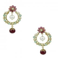 Orniza Victorian Earrings In Red & Green Color And Mehendi Gold Polish Brass Chandbali Earring