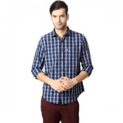 Peter England Mens Checkered Casual Blue Shirt