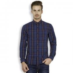 HIGHLANDER Mens Checkered Casual Dark Blue, Blue Shirt