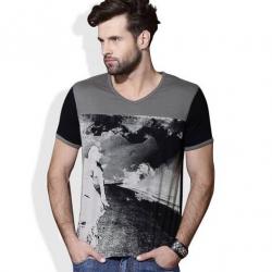 Roadster Printed Mens V-neck Black, Grey T-Shirt