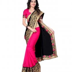 B Bella Creation Women's Chiffon Saree Kesar_Black &amp; pink