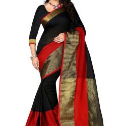 Shree Sanskruti Womens Poly Cotton Saree Raj Haka Black_Black and Red