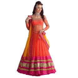 Clickedia Womens Net Semi Stitched Suit Orange Kali Lehenga_Orange & Yellow