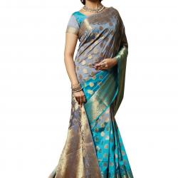 Meghdoot Artificial Tussar Silk Saree SIYAA_MT1272_GREYxFIROZI Woven Grey and Turquoise Colour Sari