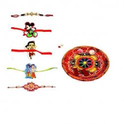 Indigo Creatives Family Rakhi Combo Set Of 5 - Designer Premium With Puja Thali Design Designer Rakhi