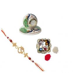 eCraftIndia Peocock Marble Table Clock and Decorative Pooja Plate with Design Religious Rakhi
