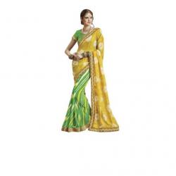 Kvsfab Embriodered,Printed Bandhani Georgette Sari - Yellow,Green