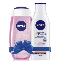 Nivea Combo of 250 ml Water Lily and Oil Shower Gel, 200 ml UV Protect Lotion